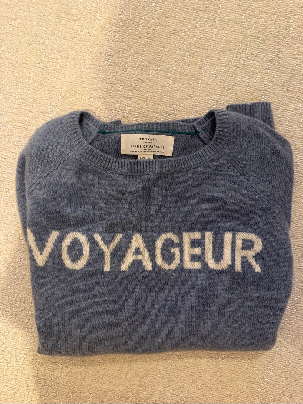 Trovata Birds of Paradis Cashmere Sweater in Blue with White VOYAGEUR Text